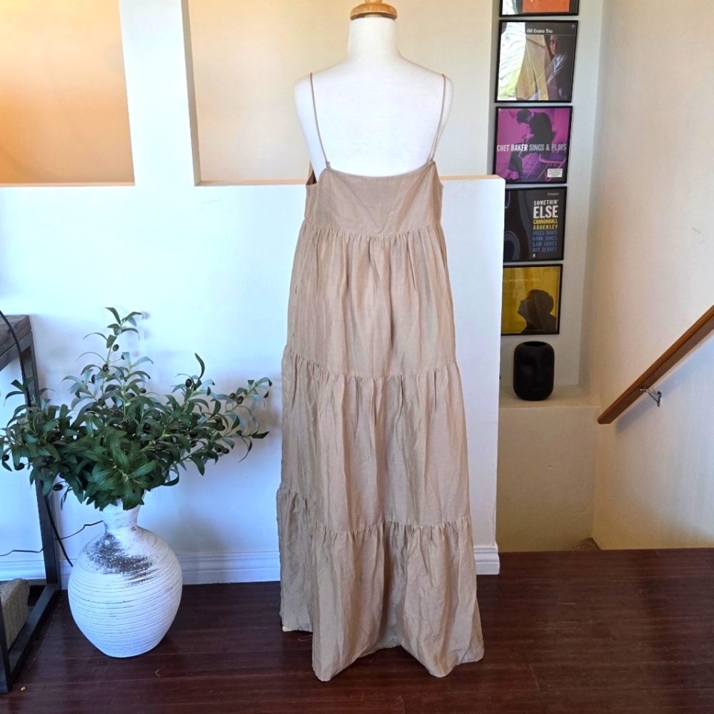 REVOLVE L' Academie Kiyama Maxi Dress Size Large Tan Oat Pockets Linen Blend - Picture 10 of 12